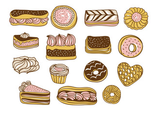 Set of vector cakes, cookies and other sweets. Isolated elements for cafe menu design. Bakery icons.