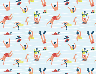 Summer seamless pattern. People swimming in the sea. Vector illustration with swimmers.