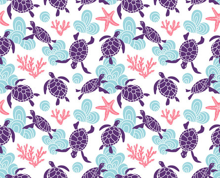 Vector seamless pattern with ornamental ocean turtles. Blue ethnic hand drawn fabric design