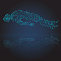 3D wire frame human body.Horizontal lying levitation figure