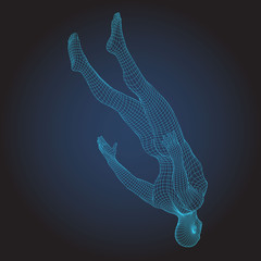 3D wire frame human body.Jumping Fall figure