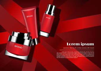 Three cosmetic products with template on red ribbon background