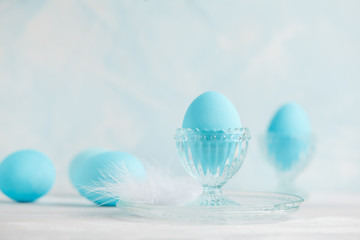 Tender white blue Easter decoration, painted Easter eggs. Copy space, Ester postcard concept.