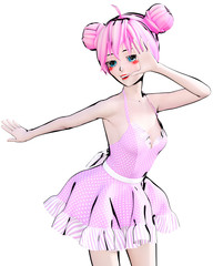 3D sexy anime doll girl big blue eyes and bright makeup. Pink dress. Cartoon, comics, sketch, drawing, manga illustration. Conceptual fashion art. Seductive candid pose.