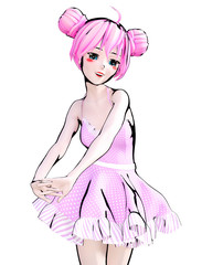 3D sexy anime doll girl big blue eyes and bright makeup. Pink dress. Cartoon, comics, sketch, drawing, manga illustration. Conceptual fashion art. Seductive candid pose.