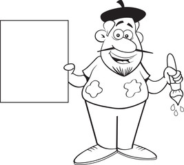 Black and white illustration of an artist holding a sign.