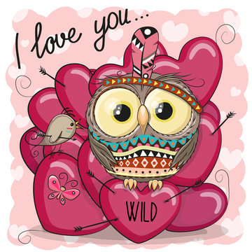 Cute Cartoon tribal owl with hearts