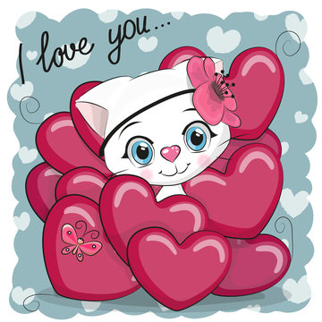 Cute Cartoon Kitten in hearts