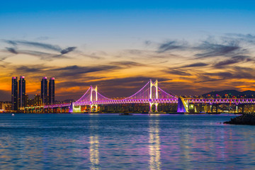 Gwangan Bridge and Haeundae at Sunrise, Busan City, South Korea