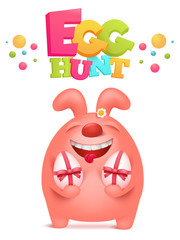 Egg hunt invitation card with pink bunny holding egg gifts