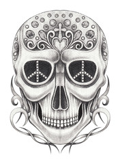 Art Vintage and gems jewelry mix Skull Tattoo. Hand pencil drawing on paper.
