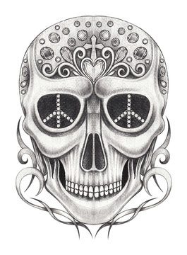 Art Vintage and gems jewelry mix Skull Tattoo. Hand pencil drawing on paper.