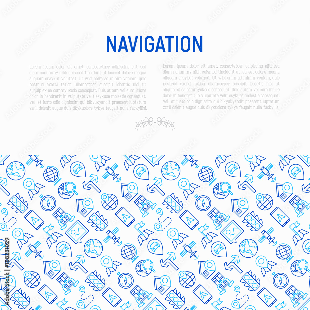 Poster navigation and direction concept with thin line icons set: pointer, compass, navigator on tablet, tr