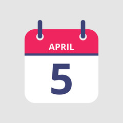 Fototapeta premium Flat icon calendar 5th of April isolated on gray background. Vector illustration.