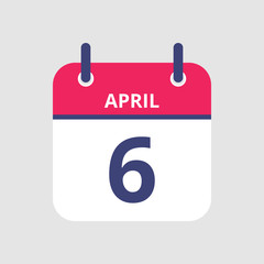 Flat icon calendar 6th of April isolated on gray background. Vector illustration.