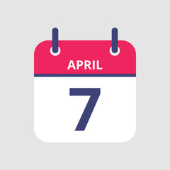 Flat icon calendar 7th of April isolated on gray background. Vector illustration.