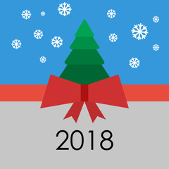 2018 New Year.Vector greeting card with red bow and Christmas tree