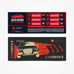 Design of banners. Set of Auto Repair Cars & Trucks Service layout, cars for sale & rent brochure, mockup flyer. Vector illustration.