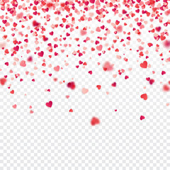 Valentines day red background with blurred hearts. Love symbol. February 14. I love you. Be my valentine. Transparent background. Heart confetti.