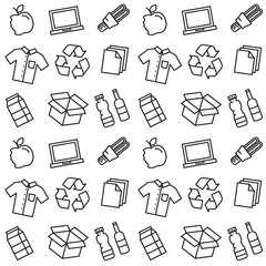 Recycle things vector illustration. Recyclable goods (clothes, lamp, cardboard box, electronics, bottles, food, paper, packaging) line art pattern with recycle sign on the background.