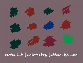 Graphic Hand Drawn Vector Banner Set. Blue, Pink, Purple Logos, Paint Brush Lipstick Smears. Modern Textured Ads Background, Artistic Paintbrush Doodles. Rich VIP Fashion Ink Vector Banners Set.