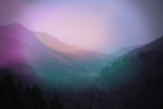 Colorful Sunlight Blurs of Pink and Green Landscape Photo of Smokey Mountains