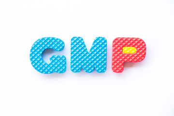 Color toy foam alphabet in word GMP (Abbreviation of Good Manufacturing Practice) on white background