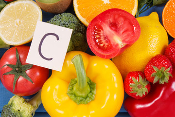 Fruits and vegetables containing vitamin C and natural minerals, healthy nutrition concept