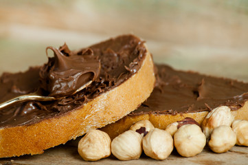 Chocolate butter spread on a loaf.