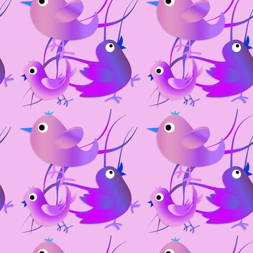  Happy Easter. Seamless  pattern with birds. Childish illustration in cartoon style...Color purple.