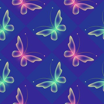 Glowing background with magic  butterflies. .Transparent butterfly in color pink and green.