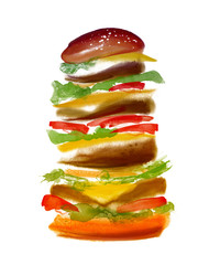 Большой гамбургер на белом фоне,акварель. - 188237822