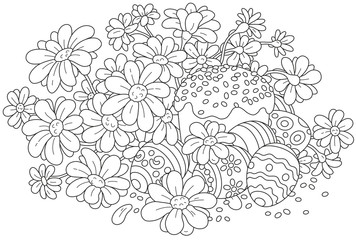 Festively decorated Easter cake and painted eggs with flowers, a black and white vector illustration for a coloring book