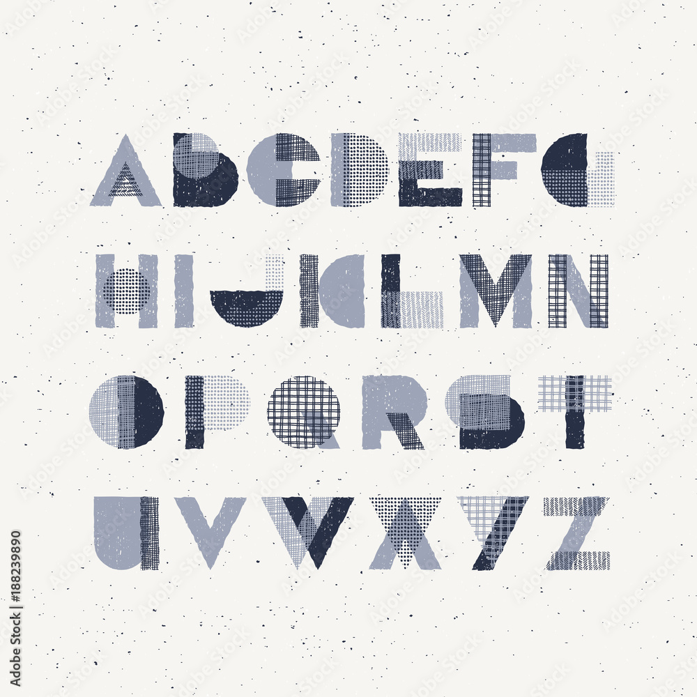Fototapete rubber stamp effect geometry shapes and hand drawn textures decorative uppercase font, vector monoch