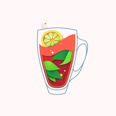 Black tea with lemon creative illustration, hot herbal drink concept. Isolated cup with leaves. Layout cartoon in cut out paper style.