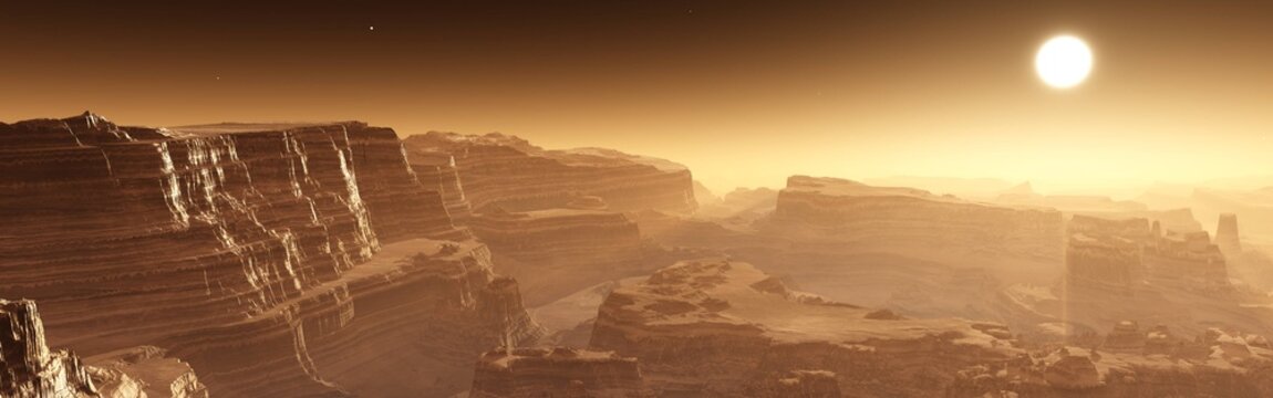 panorama of sunset on Mars, Martian landscape, banner, 3D rendering
