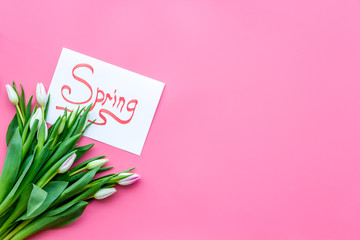 Pale pink spring tulips near spring lettering on pastel pink background top view copy space