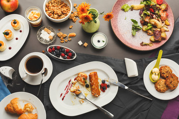 Restaurant breakfast with various sweet treats