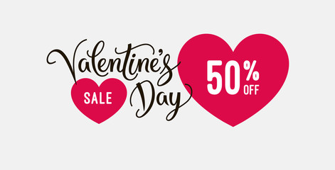 Valentine's day sale banner design template with heart icons and hand lettering calligraphy text. Vector logo and Illustration for sale tag or label. Flat style, isolated on white. EPS 10