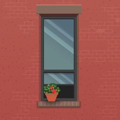 Window with plant pot in brick wall. Vector flat illustration.