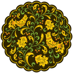 Round ornament with birds, branches and flowers on a black background in Russian folk style Khokhloma.