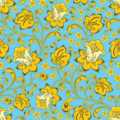 Seamless pattern with gold flowers and branches on blue background in the style of Russian folk painting.