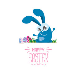 vector happy easter greeting card with color eggs, funny easter bunny and hand drawn text isolated on white background. vector spring easter background