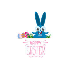 vector happy easter greeting card with color eggs, funny easter bunny and hand drawn text isolated on white background. vector spring easter background