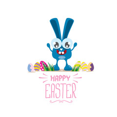 vector happy easter greeting card with color eggs, funny easter bunny and hand drawn text isolated on white background. vector spring easter background