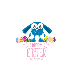 vector happy easter greeting card with color eggs, funny easter bunny and hand drawn text isolated on white background. vector spring easter background