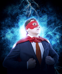 Businessman showing the super man suit under his shirt