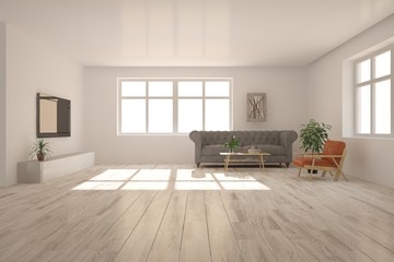 Idea of white minimalist room with sofa. Scandinavian interior design. 3D illustration