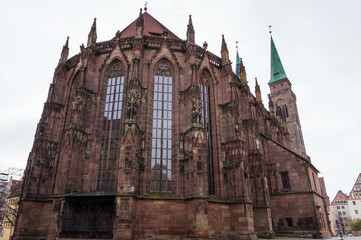 View from apse of medieval Saint Sebaldus cathedral gothic architecture elements in Nurnberg city, Bavaria, Germany