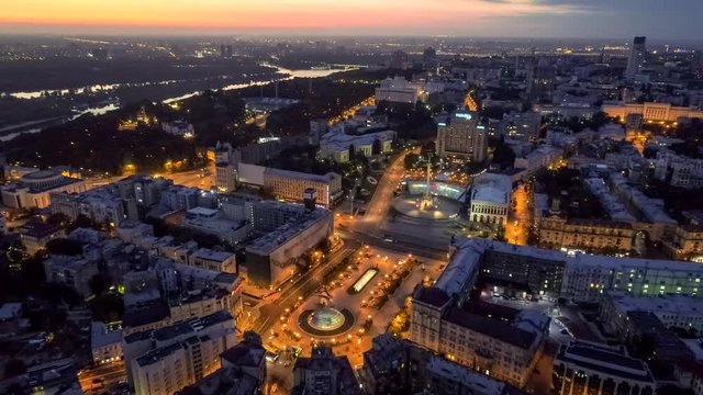 Early morning view of Maydan Nezalezhnosti, the central square of Kiev, Ukraine. Aerial drone shot.